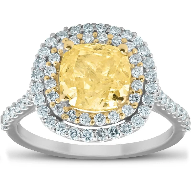 Pompeii3 14k White & Yellow Gold 2.80 Ct TDW Fancy Intense Yellow GIA Certified Cushion Halo Diamond Engagement Ring