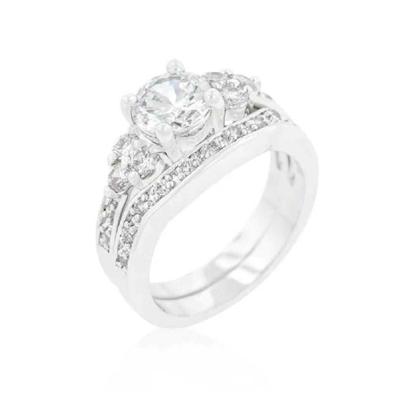 Pave Triple Stone Engagement Ring Set With Rhodium Plated