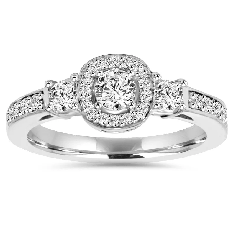 14k White Gold 1 1/4 ct TDW Diamond Halo 3-stone Engagement Ring