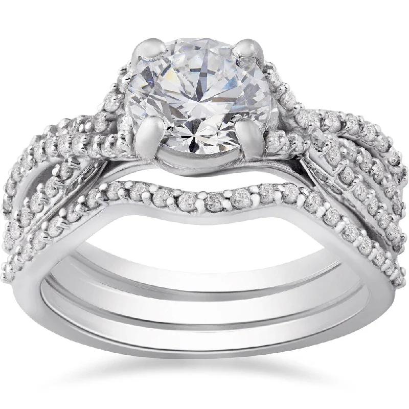 14k White Gold 1 3/4 ct TDW Twist Diamond Engagement Ring & Matching Wedding Band Set