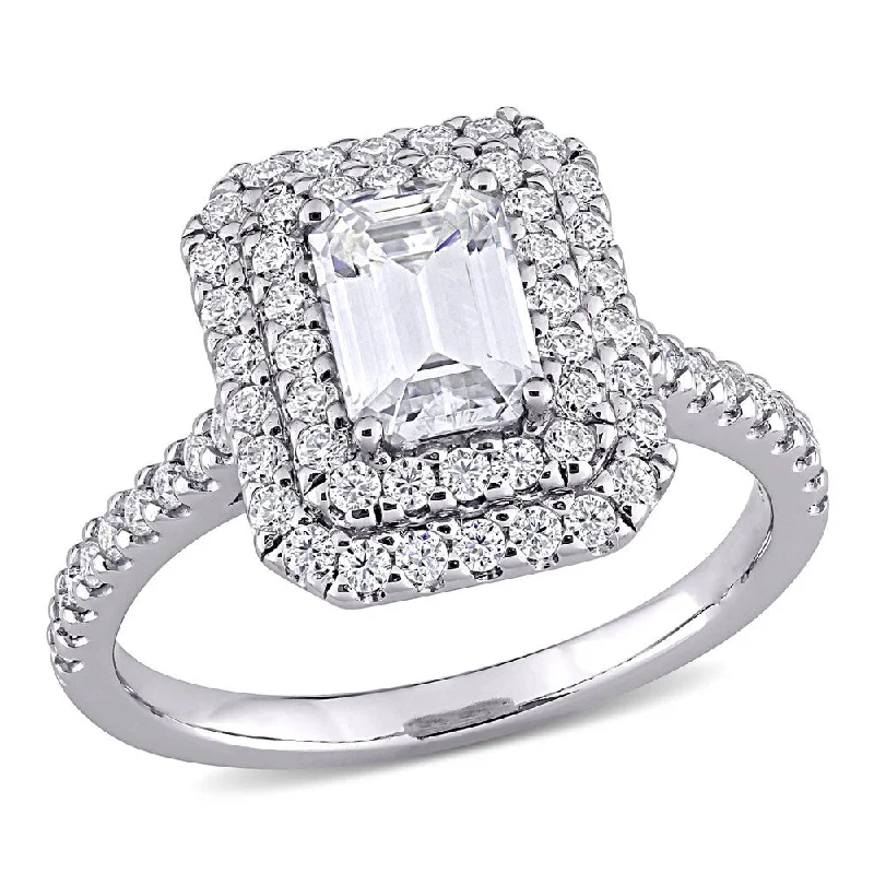 Miadora 1 5/8ct DEW Emerald-cut Moissanite Double Halo Engagement Ring in 10k White Gold