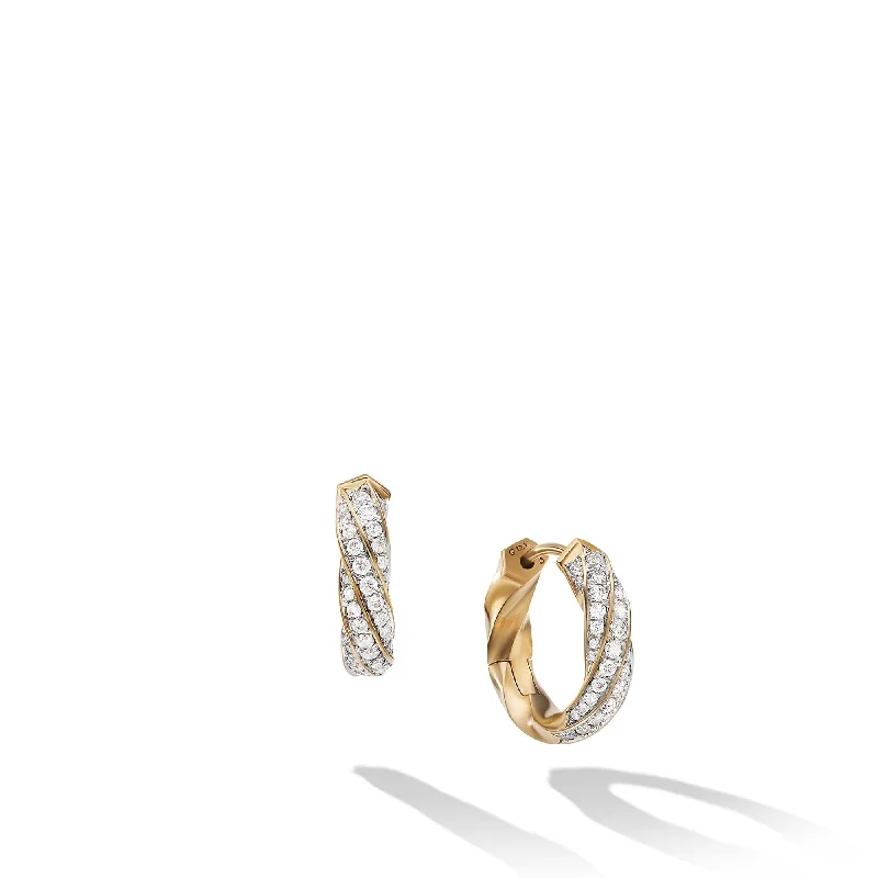 Cable Edge Huggie Hoop Earrings in Recycled 18K Yellow Gold with Pave Diamonds