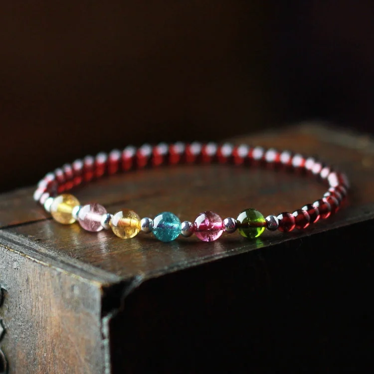 Garnet Silver Tourmaline Beaded Bracelet Handmade Birthstone Jewelry for Women