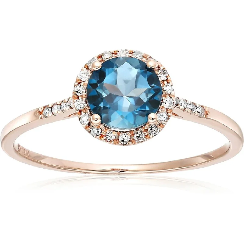 10k Rose Gold London Blue Topaz and Diamond Classic Princess Di Halo Engagement Ring, Size 7