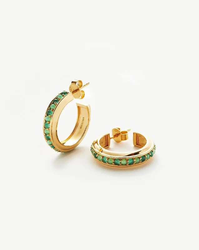 Hot Rox Gemstone Medium Hoop Earrings | 18ct Gold Vermeil/Green Onyx & Chalcedony