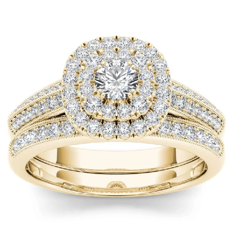 De Couer 10k Yellow Gold 7/8ct TDW Diamond Double Halo Engagement Ring Set with One Band