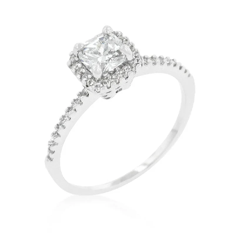 Princess Cut Halo Engagement Ring With Rhodium Finish