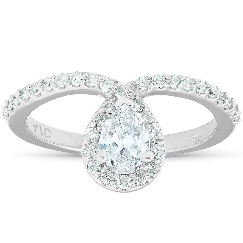 3/4 Ct Pear Shape Halo Diamond Twist Engagement Ring 14k White Gold