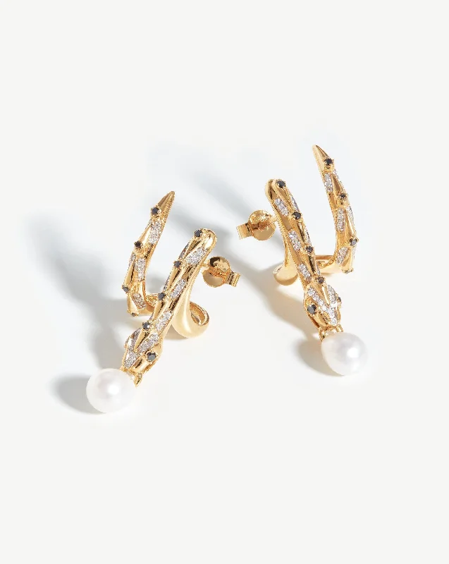 Harris Reed Fine Coiled Serpent Earrings | 14ct Solid Gold/Pearl & Diamond