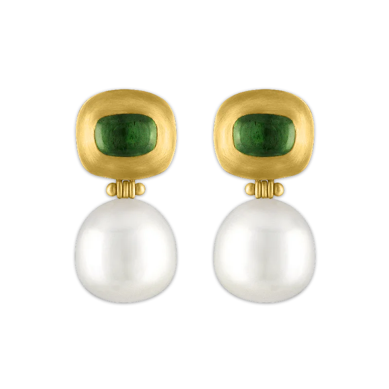 Green Tourmaline and South Sea Pearl Masona Hinge Earrings