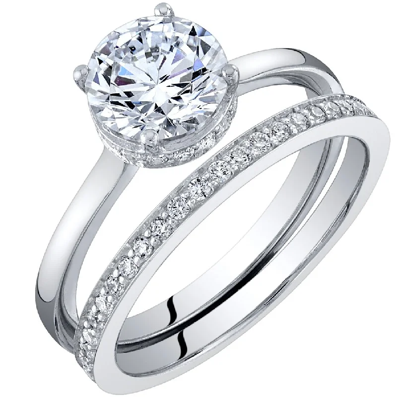 Sterling Silver 1.50 ct Moissanite Hidden Halo Engagement Ring & Wedding Band Bridal Set