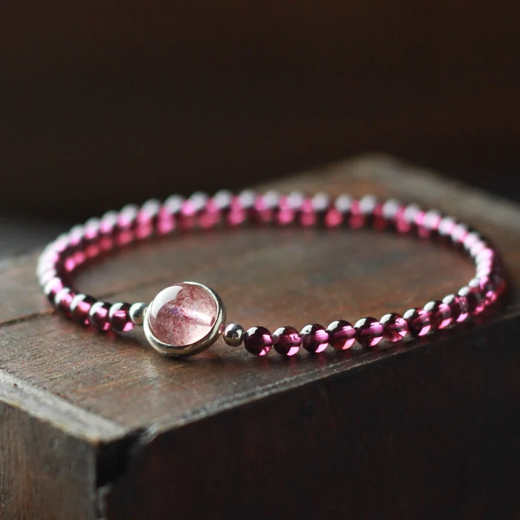 Sterling Silver Garnet Strawberry Quartz Beaded Bracelet Unique Handmade Jewelry Women