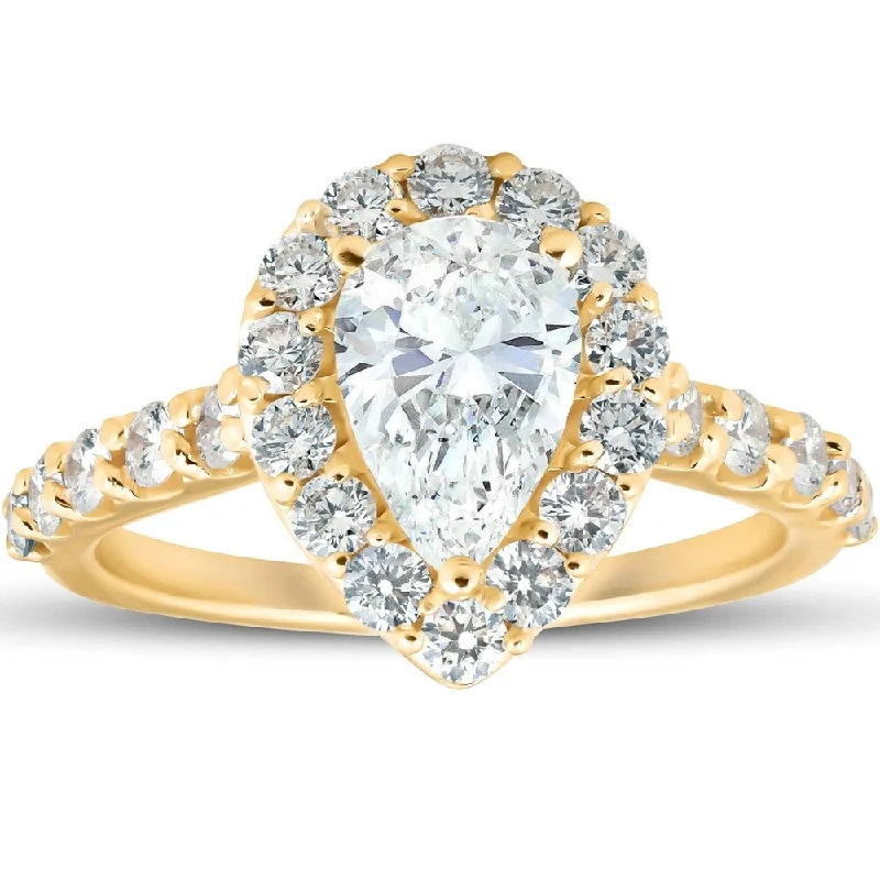 Pompeii3 14k Yellow Gold 2 Ct TDW Pear Shape Halo Diamond Engagement Ring Clarity Enhanced