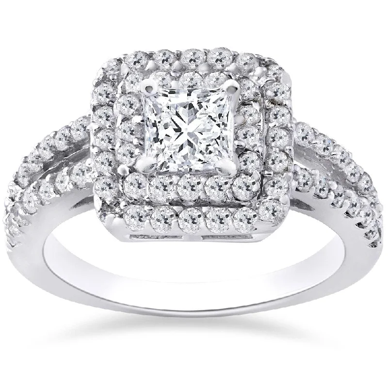 14k White Gold 1 1/5 ct TDW Pave Double Halo Princess Cut Engagement Ring