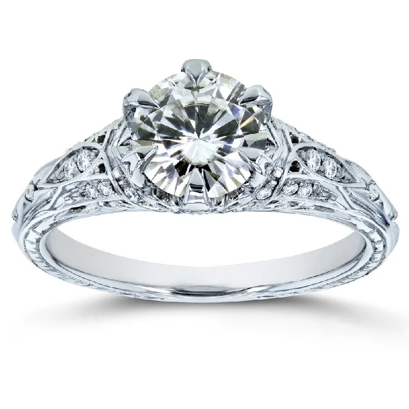 Annello by Kobelli 14k White Gold 1 1/6ct TGW Moissanite and Diamond 6-Prong Antique Engagement Ring