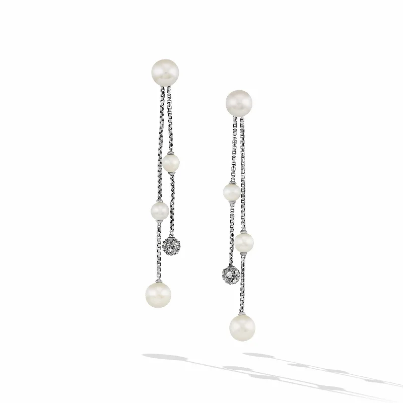 Pearl and Pave Row Drop Earrings in Sterling Silver with Diamonds