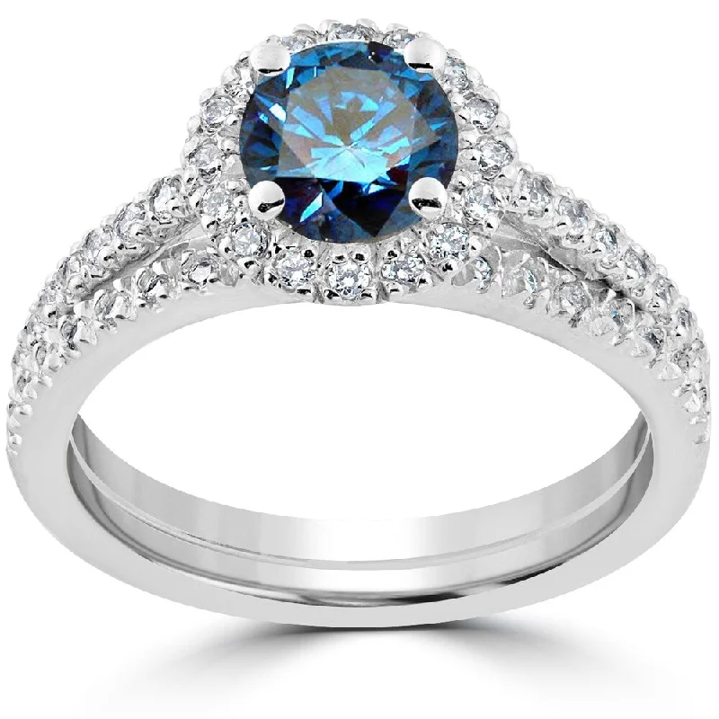 14k White Gold 1 3/8 ct TDW Blue & White Diamond Engagement Ring & Matching Wedding Band Set