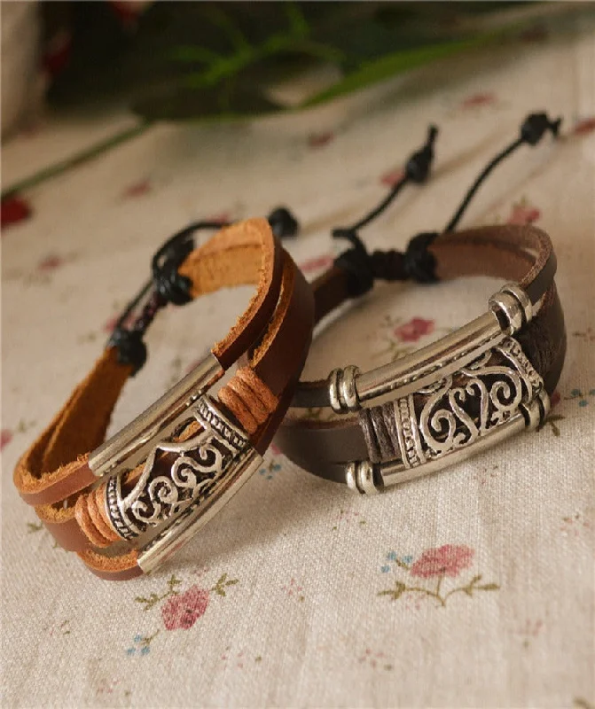 Leather Wrap Bracelet For Men and Women Engraved Draw String Size Adjustable