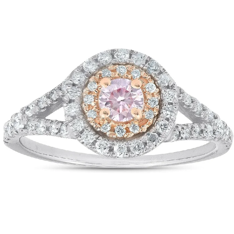 14k White & Rose Gold .79 Ct TDW Pink Diamond Halo Engagement Ring IGI Certified Size 8