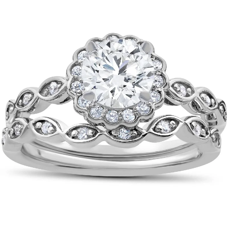 1 Cttw Enhanced Halo Diamond Engagement Ring Set Round Cut 14K White Gold