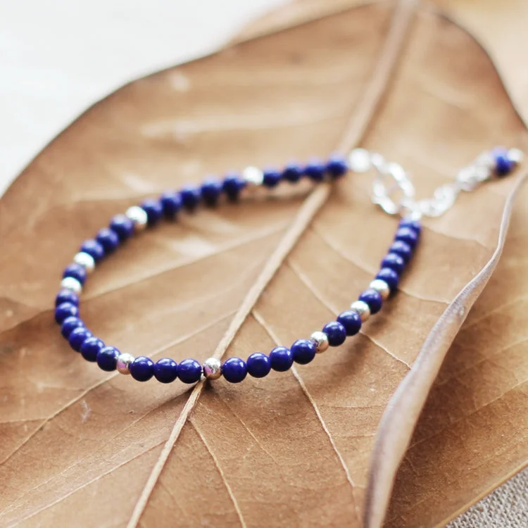 Sterling Silver Lapis Lazuli Cinnabar Bead Bracelet Handmade Jewelry Accessories Women