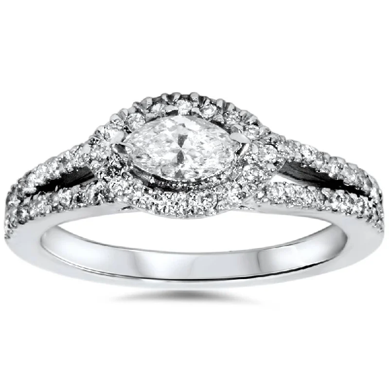 1ct Marquise Diamond Halo Split Shank Engagement Ring White Gold