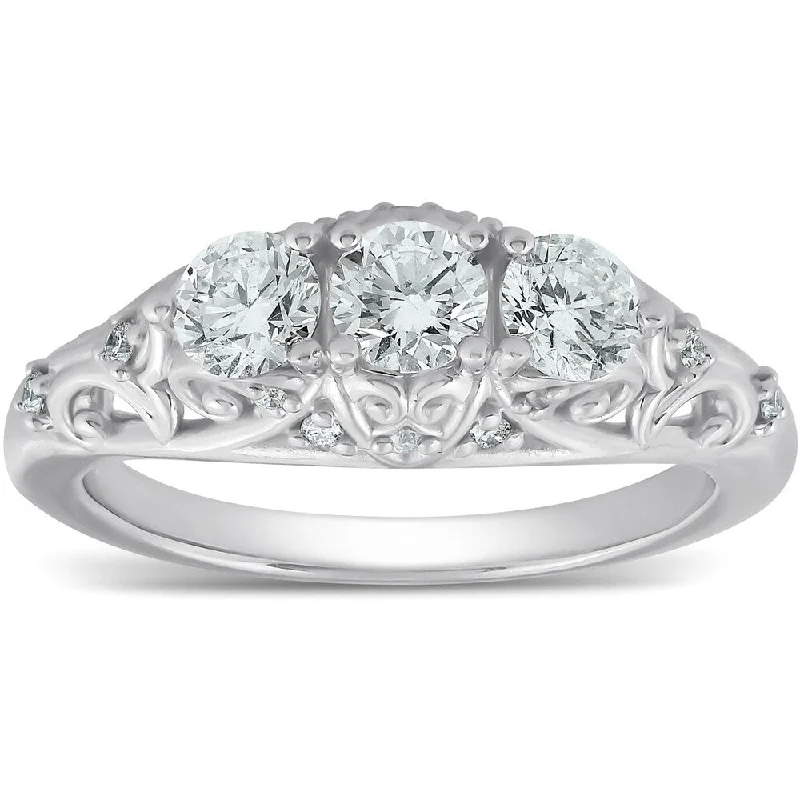 Pompeii3 14k White Gold 1 Ct TDW Vintage Diamond Three Stone with Accents Engagement Ring