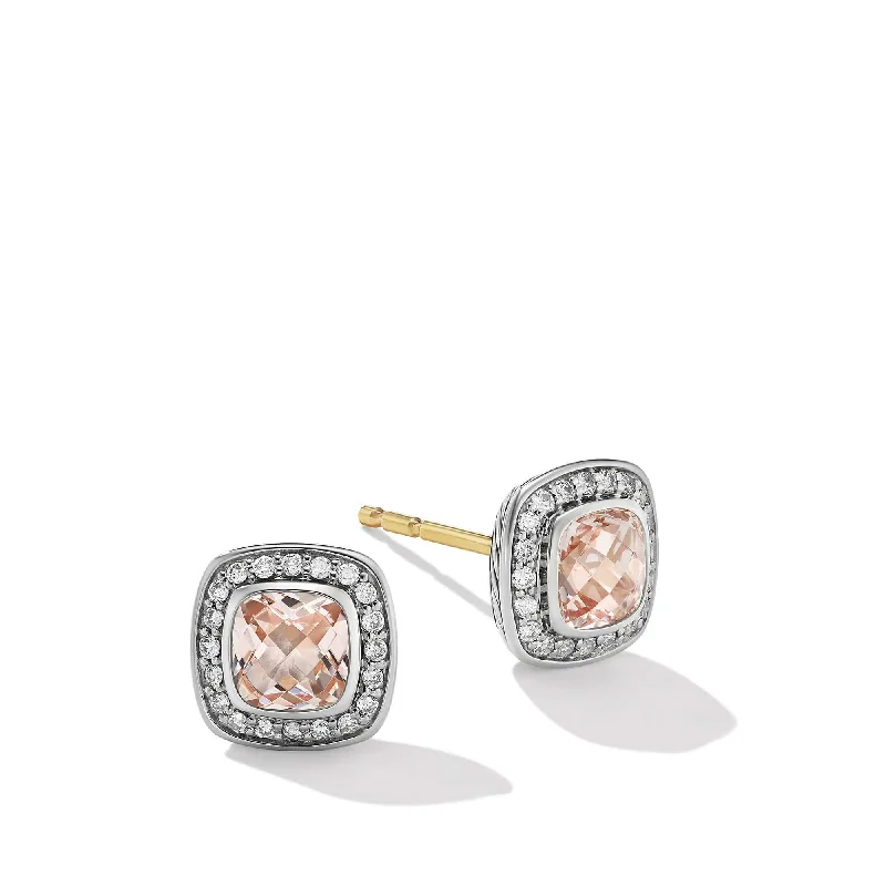 Petite Albion Stud Earrings in Sterling Silver with Morganite and Pave Diamonds