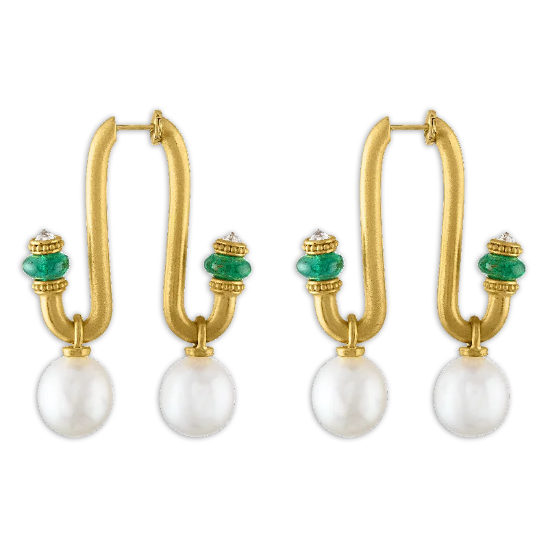 Large South Sea Pearl, Emerald, and Old Mine Diamond Tuba Earrings