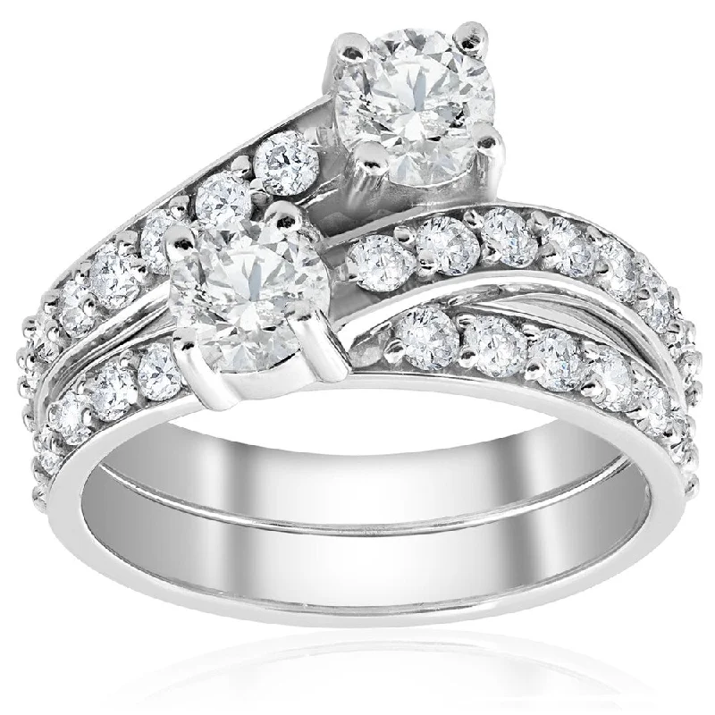 10k White Gold 2CT TDW 10K White Gold Diamond 2 Stone Engagement Ring Wedding Band Set