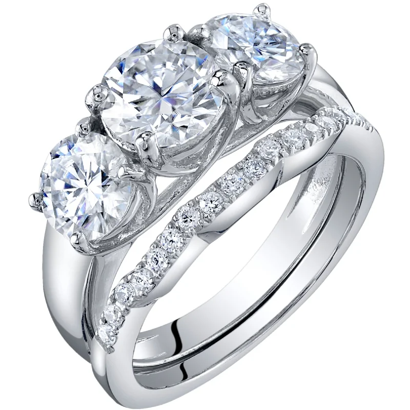 2.75 ct Moissanite 3-Stone Engagement Ring Wedding Band Bridal Set in Sterling Silver