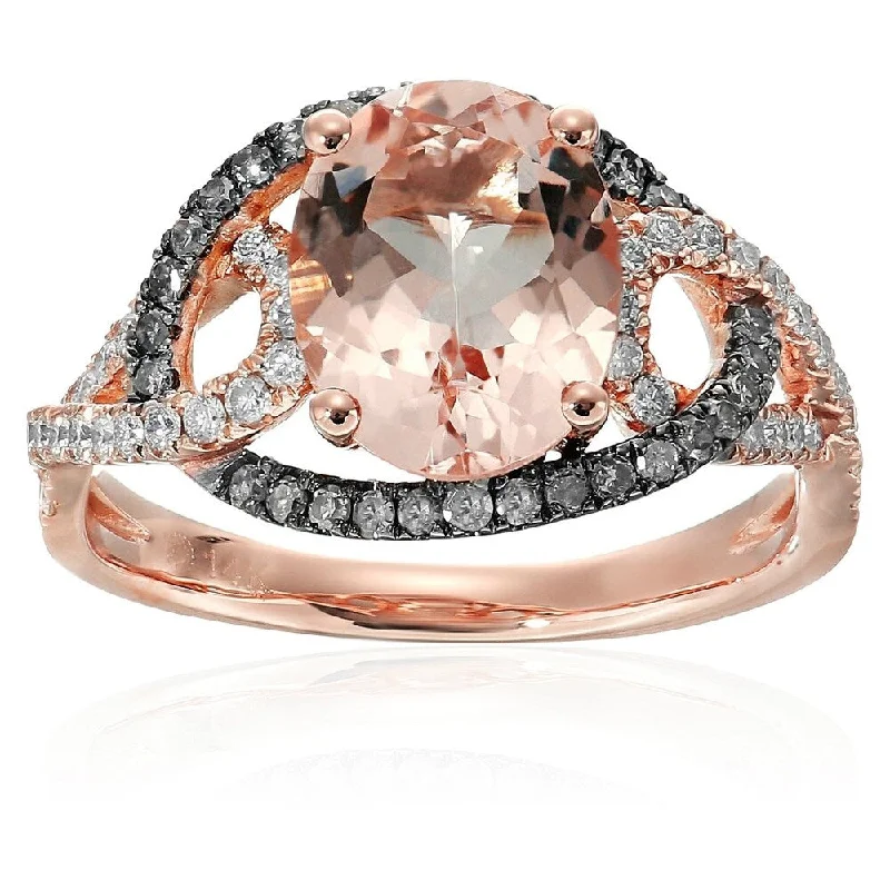 14k Rose Gold Morganite and Brown Diamond Swirl Shank Halo Engagement Ring, Size 7