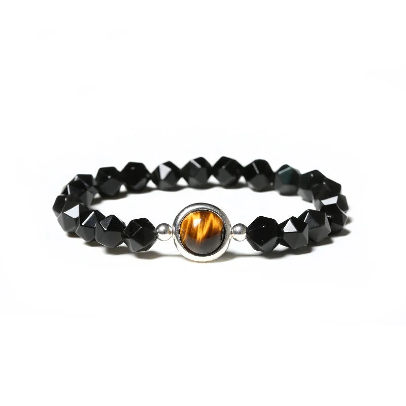 Sterling Silver Faceted Obsidian Agate Tigereye Bead Bracelet Jewelry Women Men