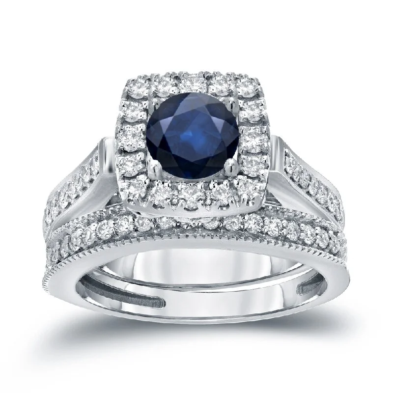 Auriya 1/3ct Blue Sapphire and 3/4ctw Halo Diamond Engagement Ring Set 14kt Gold