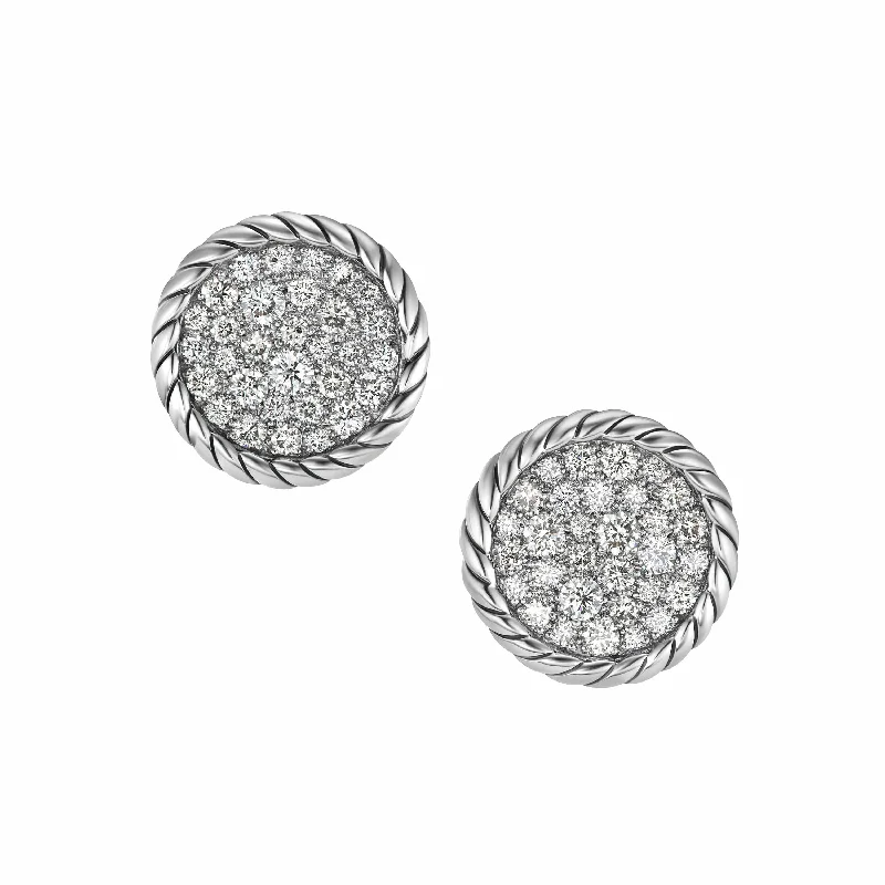 DY Elements Button Stud Earrings in Sterling Silver with Pave Diamonds