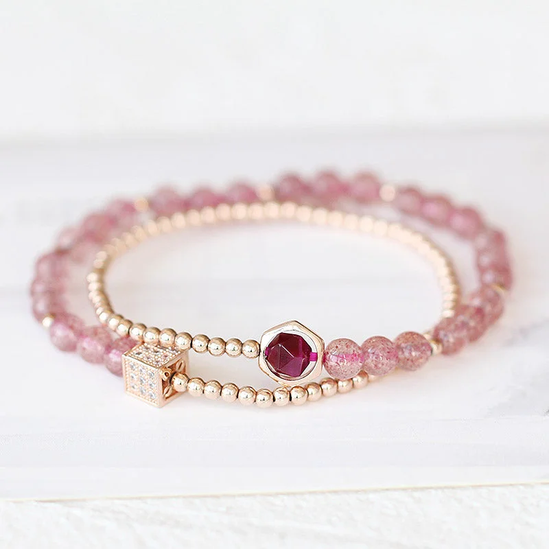 Strawberry Quartz Tigereye Rose Gold Plated Silver Bead Bracelet Handmade Jewelry Women