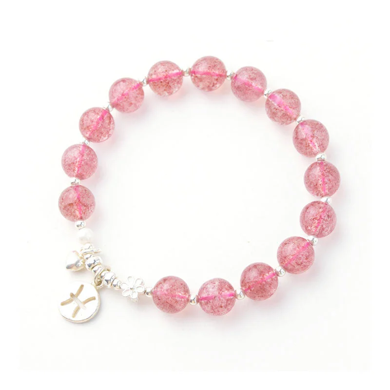 Strawberry Quartz Bead Bracelets With Sterling Silver Zodiac Sign Handmade Jewelry Women