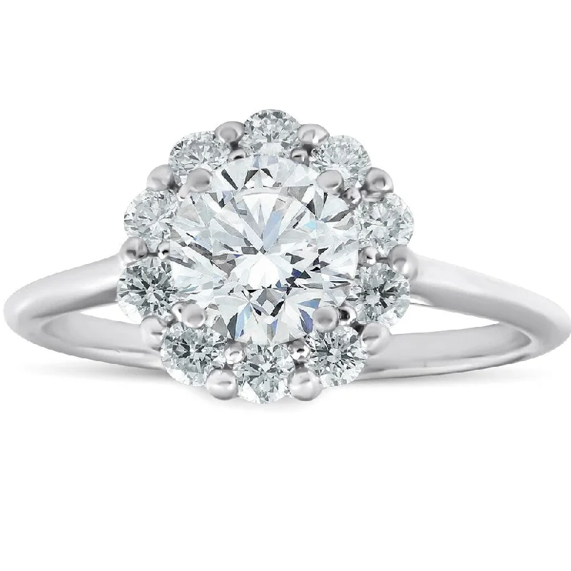 14k White Gold 1 1/2 Ct TDW Round Cut Halo Diamond Engagement Ring Clarity Enhanced