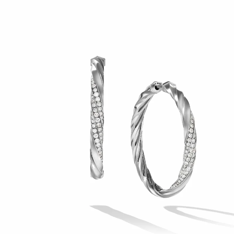 Cable Edge Hoop Earrings in Recycled Sterling Silver with Pave Diamonds