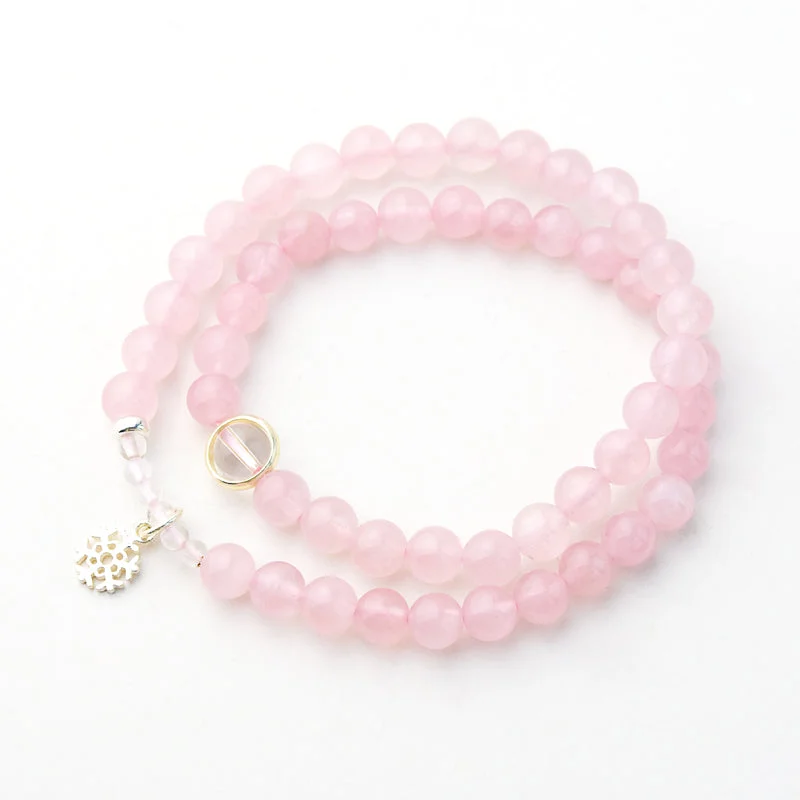 Double Strand Rose Quartz Bead with Silver Snowflake Bracelets Handmade Jewelry Women