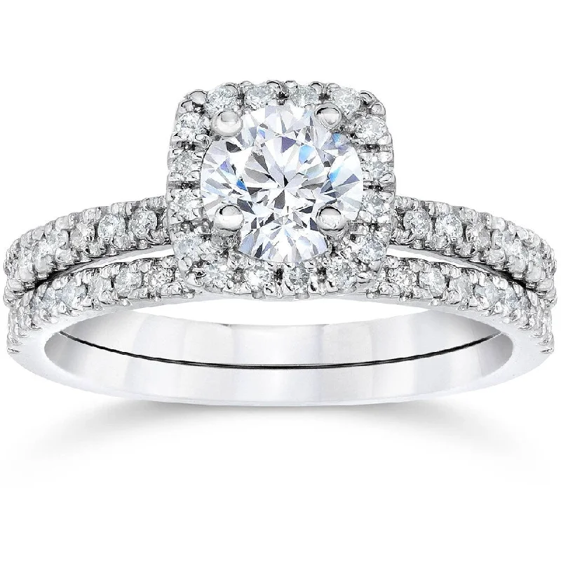 10k White Gold 5/8 Ct TDW Cushion Halo Diamond Engagement Ring Matching Wedding Band Set