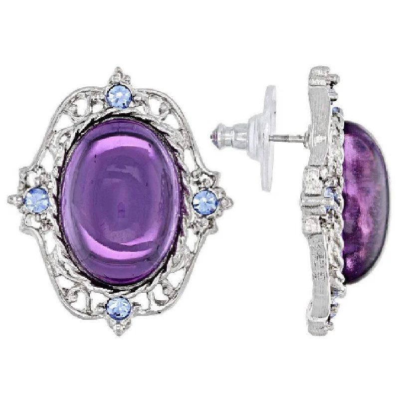 1928 Jewelry Oval Amethyst Stone & Light Sapphire Crystal Post Earrings