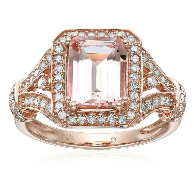 14k Rose Gold Morganite and Diamond Halo Engagement Ring