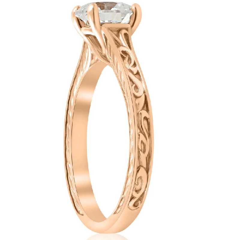 1ct Diamond Solitaire 14k Rose Gold Vintage Engagement Ring Art Deco Filigree Clarity Enhanced (H-I, I1-I2)