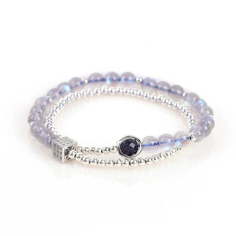 Sterling Silver Grey Moonstone and Blue sandstone Bead Bracelet Handmade Jewelry Accessories Gift Women