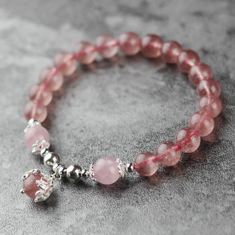 Sterling Silver Strawberry Quartz Crystal Beaded Bracelet Handmade Jewelry for Women