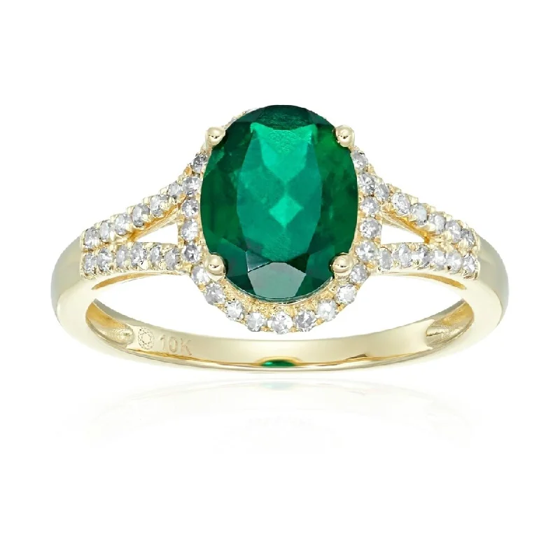 10k Yellow Gold Created Emerald and Diamond Oval Halo Engagement Ring, Size 7