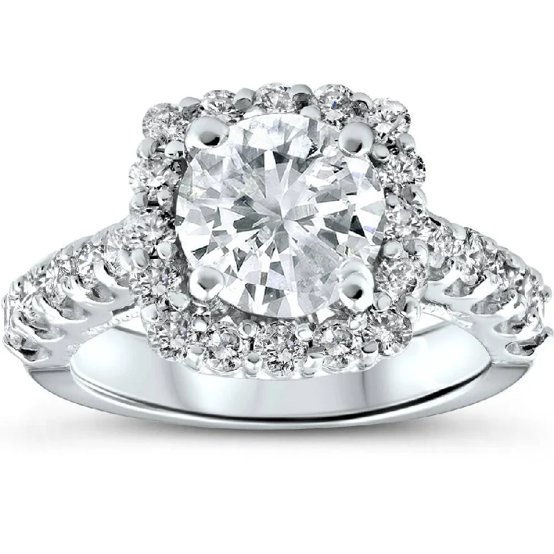 14k White Gold 3 Ct TDW Cushion Halo Diamond Engagement Ring Clarity Enhanced