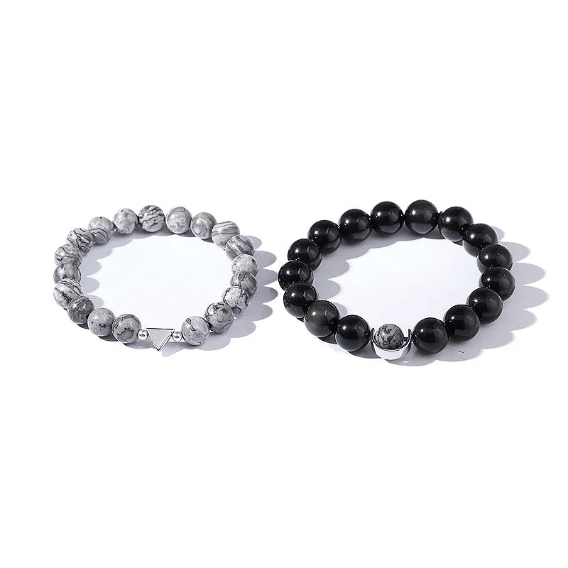 Womens Obsidian Silver and Picasso Stone Beaded Bracelets for Lovers